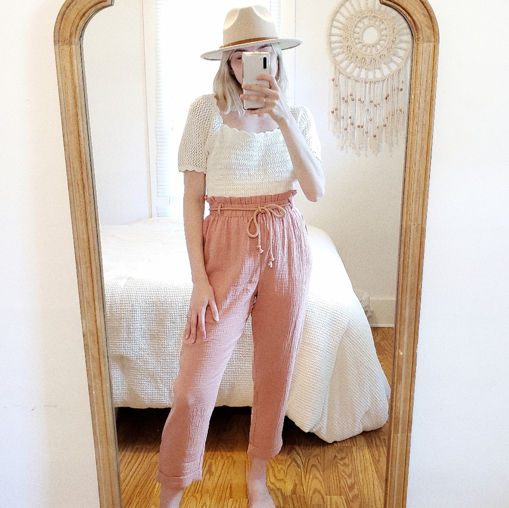 Pink Lily Gauze Straight Pants - Picture 1 of 8